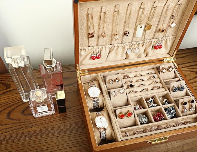 Solid Walnut Wood Jewelry Box with Lock, 2-Layer Vintage Jewelry Organizer for Men Women, Velvet-Lined Storage Chest with Key Lock (Khaki)