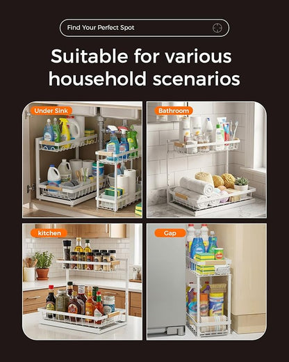 Sevenblue 3 Pack Under Sink Organizer, Height Adjustable 2 Tier Pull-Out Metal Under Kitchen Sink Organizer, Multi-Purpose Storage Shelves for Kitchen Bathroom Cabinet, White
