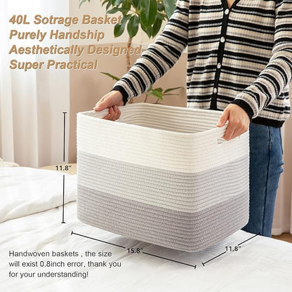 Woven Rectangle Baskets for Shelves, Closet, Toy & Laundry Storage - 2 Pack Gradient Grey