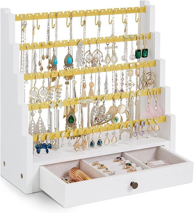 Pinzoveco Earring Organizer, 5 Layer Earring Holder Organizer with Metal Necklace Holder Pole, Rustic Wood Jewelry Organizer Stand Display for Stud Earring Bracelet Necklace Ring, 175 Earring Holes