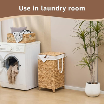 Laundry Hamper with Lid and Removable Liner Bag, Handwoven Natural Hyacinth Clothes Hamper with Heightened Feet, Wicker Laundry Basket for Clothes and Towels，Small