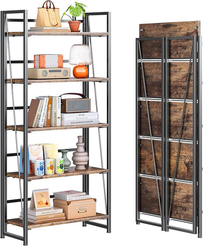 4NM No Assembly Folding Bookshelf, 5-Shelf 62.2" H Collapsible Foldable Bookcase Storage for Small Spaces, Rustic Brown and Black | 4NM, No-Assembly, Folding, Bookshelf, Storage Shelves, 5 Tiers
