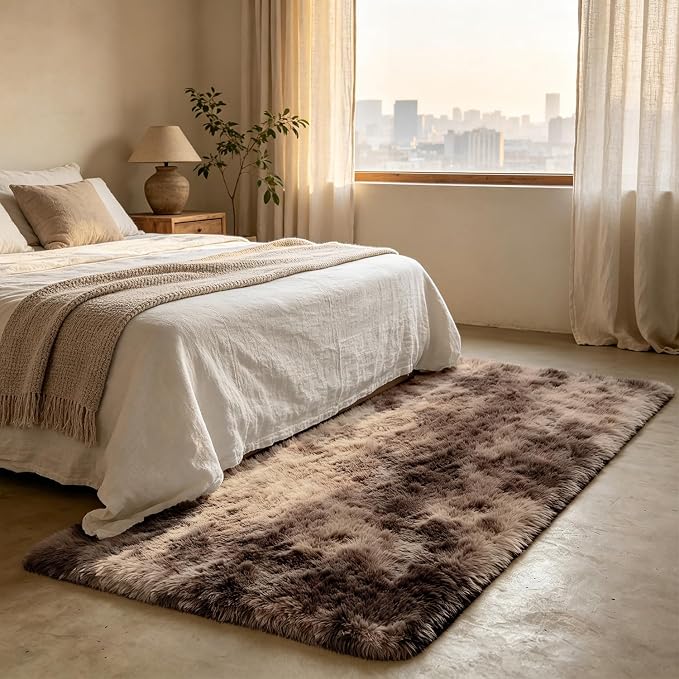 Shag Runner Rug for Bedroom Living Room 2x6 Upgrade Non-Slip Fluffy Soft Bedside Rugs,Shaggy Mottling Brown Carpet for Livingroom Dorm Home Decor Aesthetic