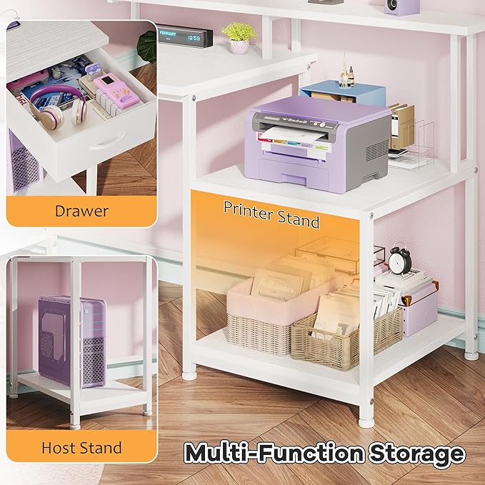55 Inch Computer Desk with Monitor Shelf&LED Lights,Home Office Desk with Power Outlet&Printer Storage Shelves,Gaming Desk with Drawer,White Study Table for Bedroom Home Office
