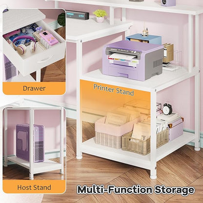 55 Inch Computer Desk with Monitor Shelf&LED Lights,Home Office Desk with Power Outlet&Printer Storage Shelves,Gaming Desk with Drawer,White Study Table for Bedroom Home Office
