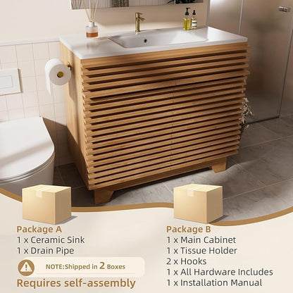 VNN 36 Inch Bathroom Vanity with Ceramic Sink - Freestanding Modern Bathroom Storage Vanity Cabinet with Fluted Design, Soft-Close Doors, Shelves, Toilet Paper Holder & Towel Hooks, Natural Oak