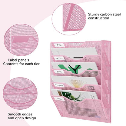 EasyPAG Wall File Organizer 5 Tier Hanging Paper Folder Holder, Zero Assembly Metal Mesh Wall Mounted Mail Organizer for Office Home Classroom Narrow Spaces, Pink
