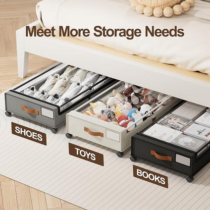 LAMU Under Bed Storage with Wheels, 2 Pack Under Bed Storage Containers with Clear Lid, XXL 60 L Underbed Storage Bins, Rolling Under Bed Metal Drawers for Clothes, Blankets, Shoes, Grey