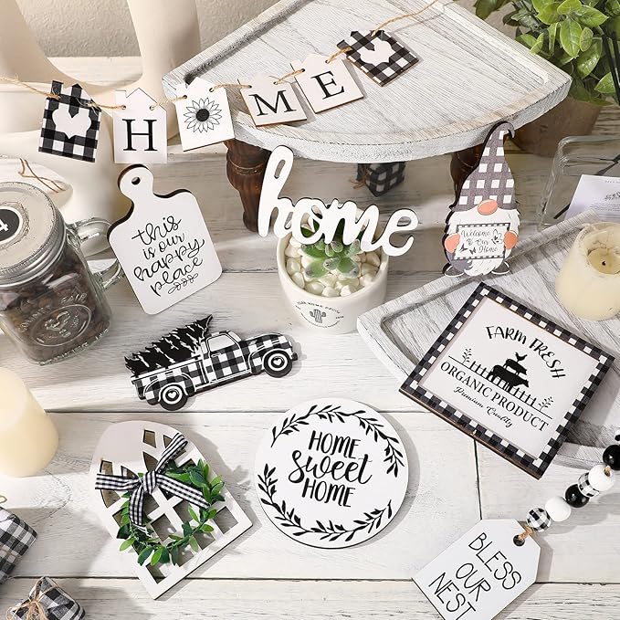 11 Pcs Home Tiered Tray Decor Buffalo Plaid Black and White Rustic Farmhouse Tiered Tray Decorations Set Home Wooden Signs Vintage Animal Tabletop Wood Signs for Kitchen Table Shelf Decor