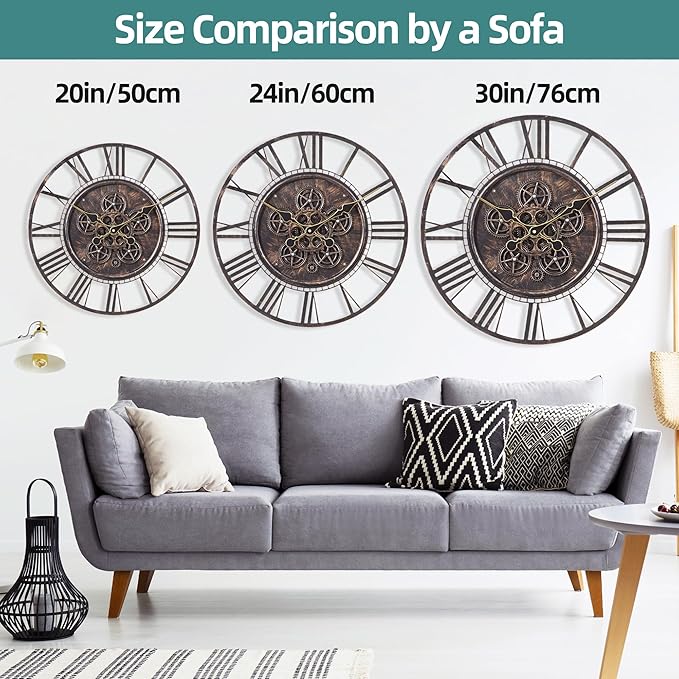 LEIKE Moving Gear Large Wall Clock 24inch/60cm Copper, Decorative Wall Clocks for Living Room, Unique Farmhouse Steampunk Metal Wall Clock Decor, Office Wall Clocks