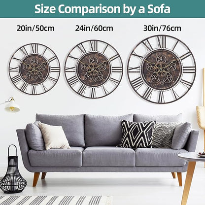 LEIKE Moving Gear Large Wall Clock 24inch/60cm Copper, Decorative Wall Clocks for Living Room, Unique Farmhouse Steampunk Metal Wall Clock Decor, Office Wall Clocks