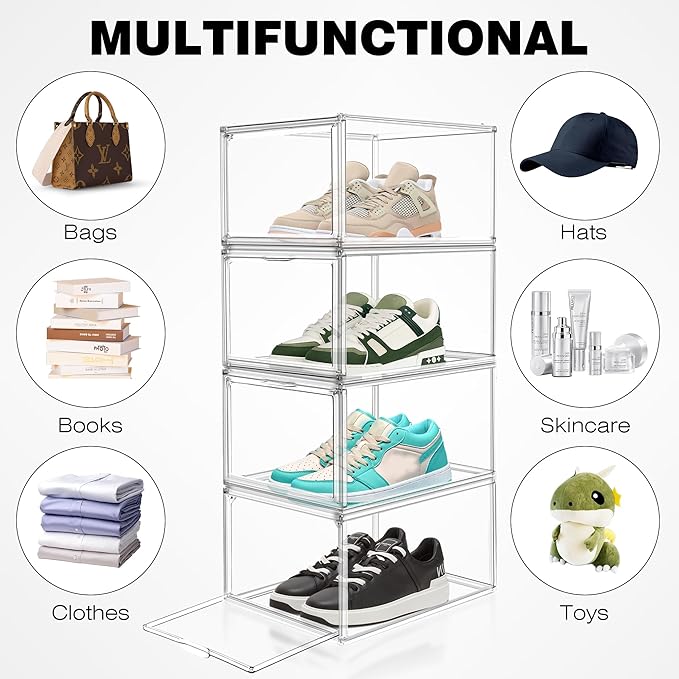 12 Pack Drop Front Acrylic Shoe Boxes with Magnetic Door Fit US Size 12, Clear Stackable Shoe Organizer for Closet, Entryway, Underbed, Multiple Display Cases for Hats, Figures, Sneakers