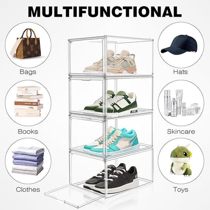 12 Pack Drop Front Acrylic Shoe Boxes with Magnetic Door Fit US Size 12, Clear Stackable Shoe Organizer for Closet, Entryway, Underbed, Multiple Display Cases for Hats, Figures, Sneakers