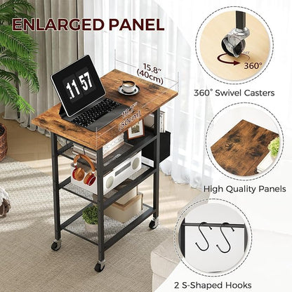 MAHANCRIS 4-Tier Printer Stand, Rolling Printer Table on Wheels, Industrial Storage Stand with Side Pocket, Wooden Tabletop, 2 S-Shaped Hooks, for Home Office, Rustic Brown and Black PTHR2601