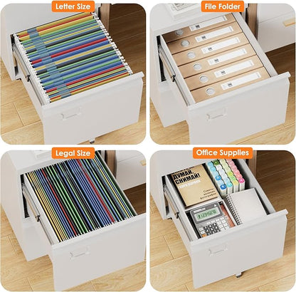 SUXXAN 2 Drawers Mobile File Cabinet, Metal Under Desk Cabinet with Lock, for Office & Home, Legal/Letter Size, W14.57”x D17.36”x H25.79”, Assembly Required(White)