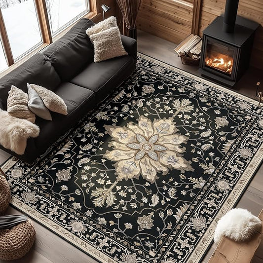 RELEANY Area Rugs 6'x9' Washable Non-Slip, Floral Vintage Distress Medallion Carpet for Living Room Bedroom Dining Room, Black Brown Neutral Dark Tan