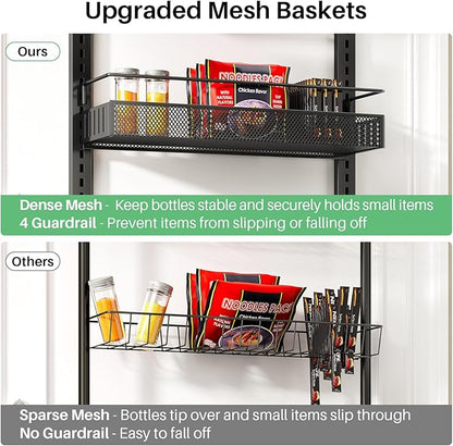 SNTD 8 Tiers Over the Door Organizer - Height Adjustable Pantry Organizers and Storage with Dense Mesh Baskets, Anti-Swing Hanging Door Spice Rack for Kitchen Bathroom (Black, 17" W x 6" D x 69" H)