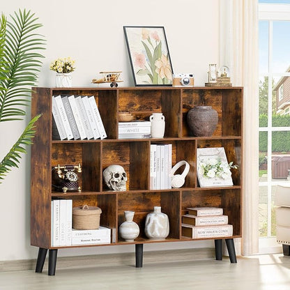 LEYAOYAO 10 Cube Bookshelf, 3 Tier Vintage 55.12" Wide Bookcase with Legs, Mid-Century Wood Bookshelves Storage, Brown Large Book Case, Freestanding Organizer Display Shelf for Living Room, Office