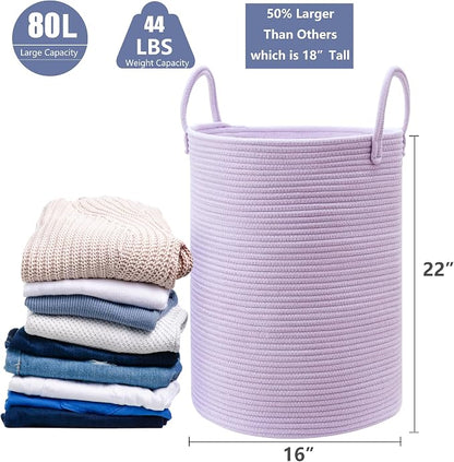 80L Extra Large Purple Hamper Laundry Basket for Nursery Kids 16Dx22H inches Tall Lavender Blanket Basket for Girls Cotton Rope Lilac Clothes Hamper in Bedroom