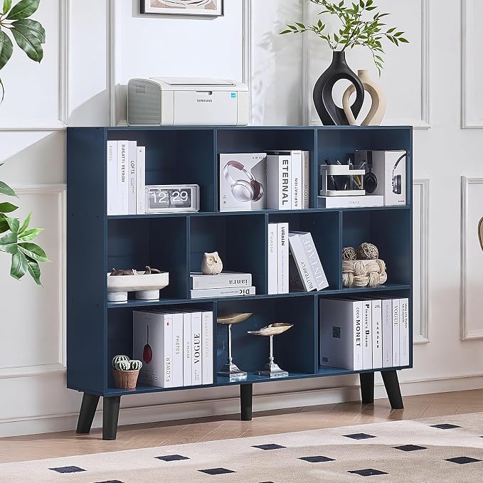 LEYAOYAO 10 Cube Bookshelf, 3 Tier Vintage 55" Wide Bookcase with Legs, Mid-Century Wood Bookshelves Storage, Dark Blue Large Book Case, Freestanding Organizer Display Shelf for Living Room, Office