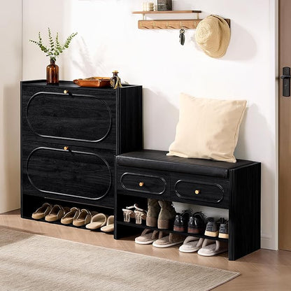ORRD Shoe Storage Cabinet with 2 Flip Drawers Set of 2, Wood Narrow Shoe Cabinet for Entryway, Fluted Hidden Shoe Organizer, Freestanding Slim Shoes Cabinets for Foyer, Hallway-Black
