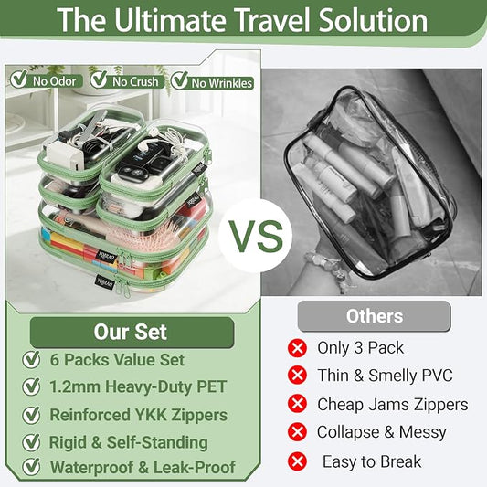 6 Pack Green Clear Hard Shell Beauty Organizer (2M+4S), 1.2mm Heavy Duty Crush-Proof Cosmetic Case, Reinforced YKK Zippers, Stadium Approved Security Bag for Skincare & Electronics, Multi-Size Set