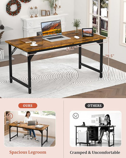 Computer Desk, 55.1" Office Desk, Extra Wide 23.62” Deep Desktop, 0.59” Thick Heavy-Duty Home Office Desks, Office Table with Steel Frame, Modern Wood PC Desk for Bedroom Study Writing Gaming Work