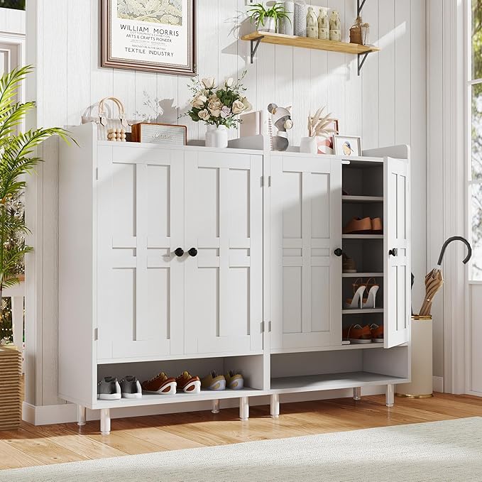 Farmhouse Shoe Cabinet with Doors, 6-Tier Wooden Shoe Organizer with Adjustable Shelves, Entryway Storage Cabinet with Metal Legs, Rustic Shoe Storage for Entryway or Living Room (White)
