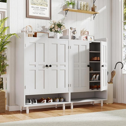 Farmhouse Shoe Cabinet with Doors, 6-Tier Wooden Shoe Organizer with Adjustable Shelves, Entryway Storage Cabinet with Metal Legs, Rustic Shoe Storage for Entryway or Living Room (White)