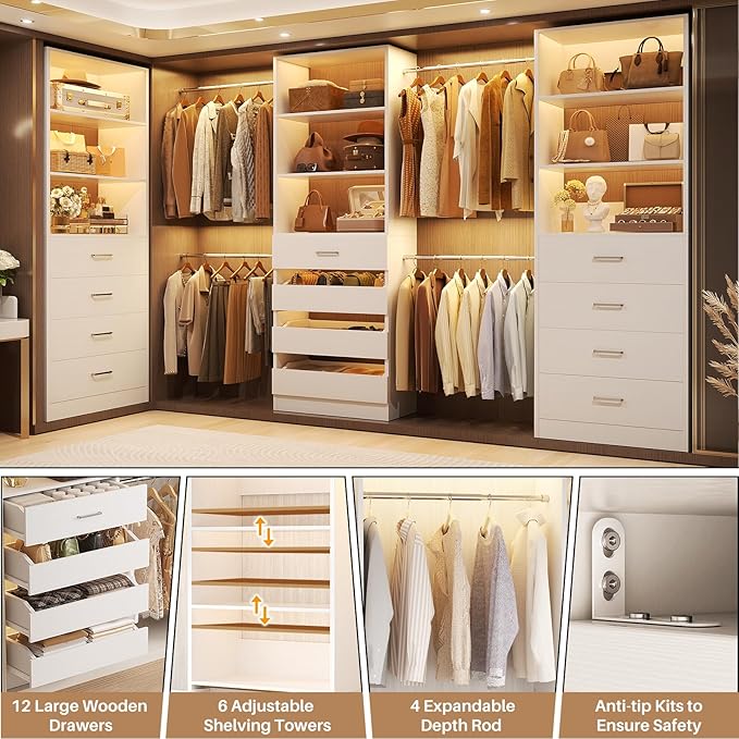 Aheaplus Closet System with 12 Drawers, 8.5-11.5Ft Wood Closet Organizer System with 4 Hanging Rods & 3 Towers, 4Ft & 6Ft L-Shaped Walk-in Closets Wardrobe Organizer Clothes Rack, Set of 3, White1