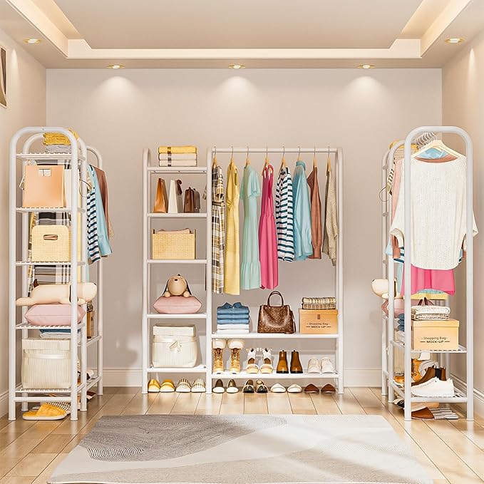 Heavy Duty Clothes Rack with 5 Tiers Shelves, Max Load 670LBS, Portable Freestanding Multi-Functional Metal Clothing Rack with Hanging Rods Organizer System for Bedroom Closet Wardrobe, White