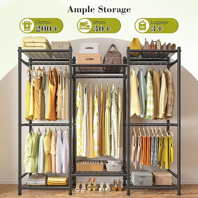 Raybee Portable Closet,Clothes Rack with 5 Hang Rods & 6 Shelves,Clothing Racks for Hanging Clothes,Metal Garment Rack for Bedroom,Large Capacity,Adjustable,Stury 66.5" Wx15.75 Dx74.8 H Black