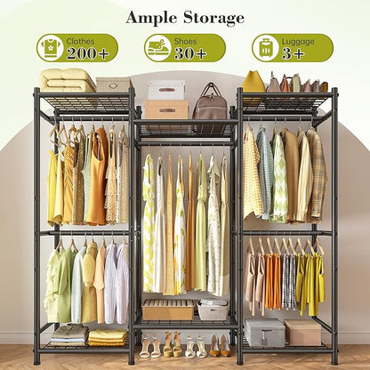 Raybee Portable Closet,Clothes Rack with 5 Hang Rods & 6 Shelves,Clothing Racks for Hanging Clothes,Metal Garment Rack for Bedroom,Large Capacity,Adjustable,Stury 66.5" Wx15.75 Dx74.8 H Black