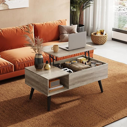 WLIVE Coffee Table for Living Room, Lift Top Coffee Table with Storage, Small Rising Wooden Dining Center Table with Storage Shelf & Hidden Compartment, 39" Greige