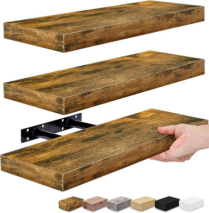 Sorbus Floating Shelves for Wall, Bathroom Shelves Wall Mounted for Kitchen, Bedroom, Bathroom Storage Over Toilet, Hanging Book Shelf for Wall Home Decor Living Room (Rustic Brown, 3 Pack)
