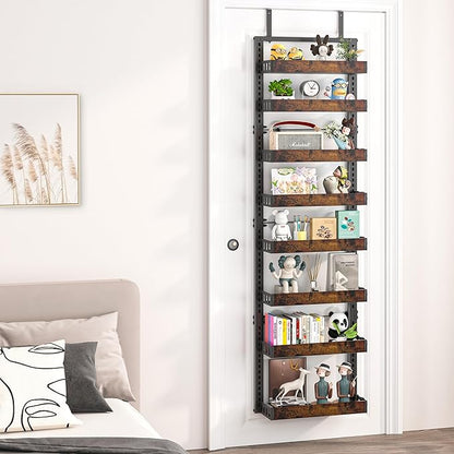 BUKFEN 8-Tier Over the Door Pantry Organizer, 2-in-1 Door Hanging or Wall Mounted Spice Rack, Heavy Duty Metal Storage Shelves with Adjustable Wooden Baskets for Kitchen Bathroom Closet
