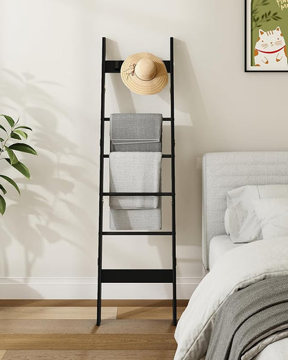 Hzuaneri Blanket Ladder for Living Room, Decorative Quilt Rack with 4 Removable Hooks, 6-Tier Farmhouse Ladder Holder Shelf Organizer for Bedroom, Black BR31504B