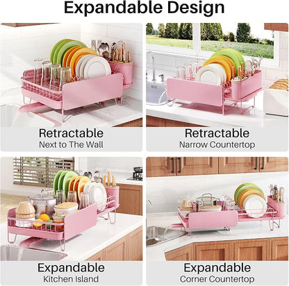 SNTD Dish Drying Rack - Large Dish Racks for Kitchen Counter, Expandable Dish Drainers with Cutlery Holder Stainless Steel Rustproof (Pink)