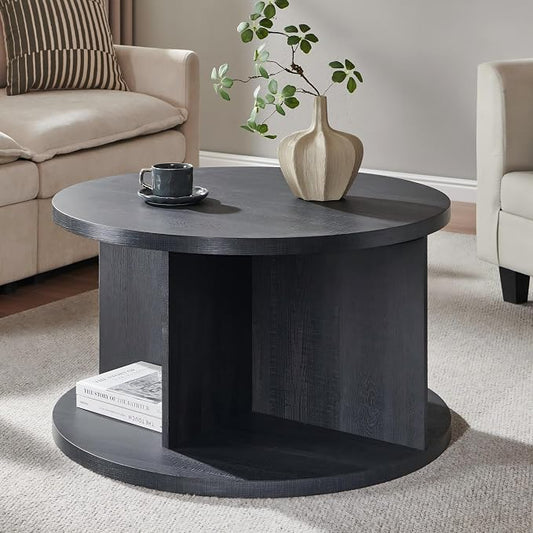 JXQTLINGMU Round Coffee Table for Living Room, 32" Modern Center Table with Cross Support Structure & Open Storage Cubby, Wood Circle Cocktail Table for Small Space, Apartment, Black