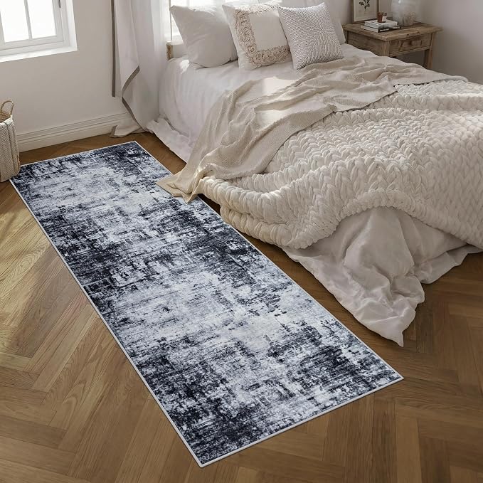 Washable Area Rug 3x10 Entryway Rug: Washable Modern Abstract Soft Thin Rug Indoor Floor No Slip Stain Resistant Carpet for Bedroom Dining Room Farmhouse Nursery Home Office - Dark Black