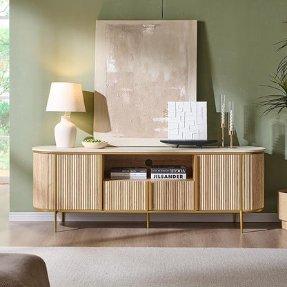 OKD 70" Fluted TV Stand with Storage, Faux Marble Top Entertainment Center for TVs Up to 80", Modern Curved Edge Media Console Cabinet for Living Room, Natural Oak