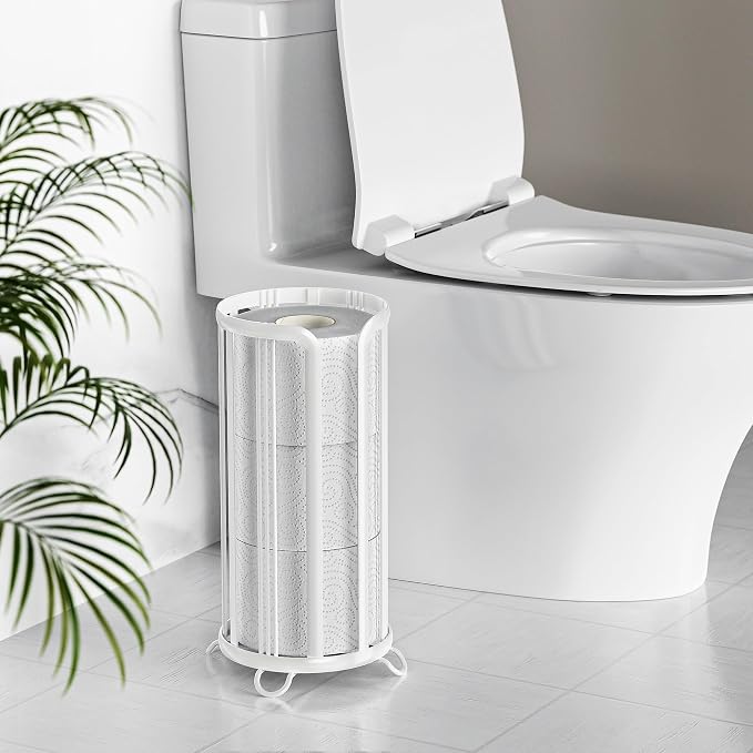 Toilet Paper Holder Stand, Freestanding Bathroom Tissue Organizer, Minimalistic Storage Solution, Reserve Mega Rolls,Stylish Bathroom Floor Toilet Paper Stand-White