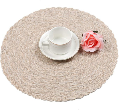 SHACOS Round Braided Placemats 15 inch Set of 4 Boho Woven Washable Kitchen Table Placemats for Home Wedding Party (T-Beige, 4)