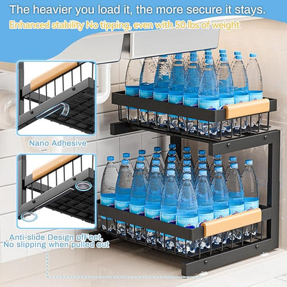 ADBIU Under Sink Organizer(10 Seconds Installation), 2 Packs 2 Tier Expandable Height (11"" - 16"") Under-Sink Organizers Slide out Pull out Organizer Shelf, Black