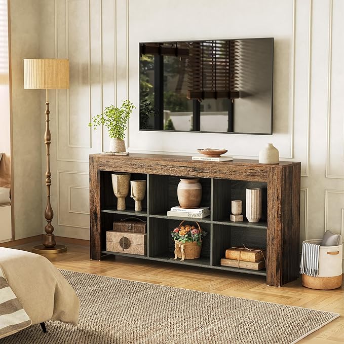 LITTLE TREE TV Stand with Storage, 63-Inch Entertainment Center with Shelves, Modern Media Console for Television up to 65" for Living Room, Bedroom, Brown + Black