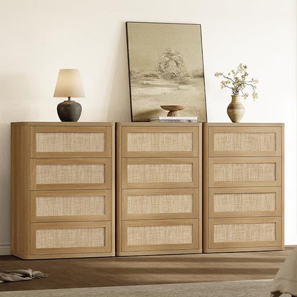 SICOTAS 4 Drawer Dresser for Bedroom-40.59'' Tall Rattan Bedroom Dressers with Oversized Drawers, Modern Wooden Chest of Drawers, Push-to-Open Storage Dresser for Closet, Nursery, Amber Oak, 3PCS