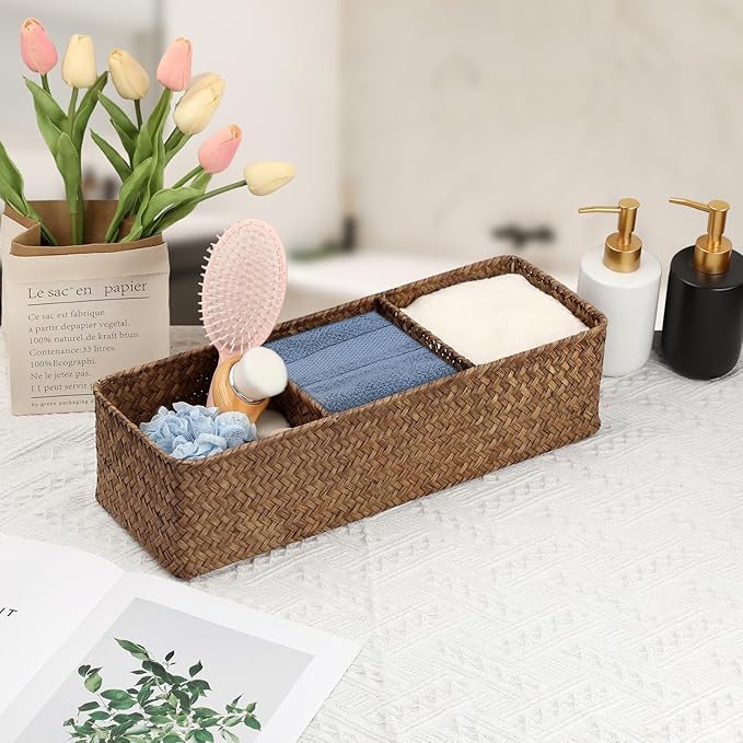 Hipiwe Handwoven Wicker Storage Box 3 Sections Seagrass Basket Bin Toilet Paper Holder for Bathroom Shelf Organizer for Kitchen Living Room, Coffee Color