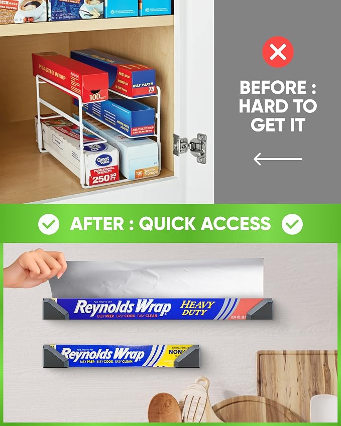 Skywin Set of 2 Adhesive Foil and Plastic Wrap Organizer, Fits Box Width up to 2.4in/61mm Aluminum Foil Organization and Storage Holder (Black)
