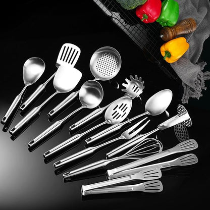 NIITAWH Stainless Steel Kitchen Utensils 13 PCS Metal Set, Solid and Slotted Spoon, Fork, Spatula, Ladle, Skimmer, Slotted Spatula Tunner, Spaghetti Large Spoon, Meat Fork, Masher, Whisk, Tongs