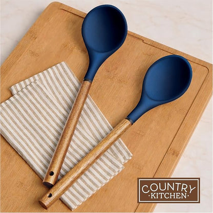 Country Kitchen Non Stick Silicone Utensil Set with Rounded Wood Handles for Cooking and Baking, 8 Piece Set, Navy
